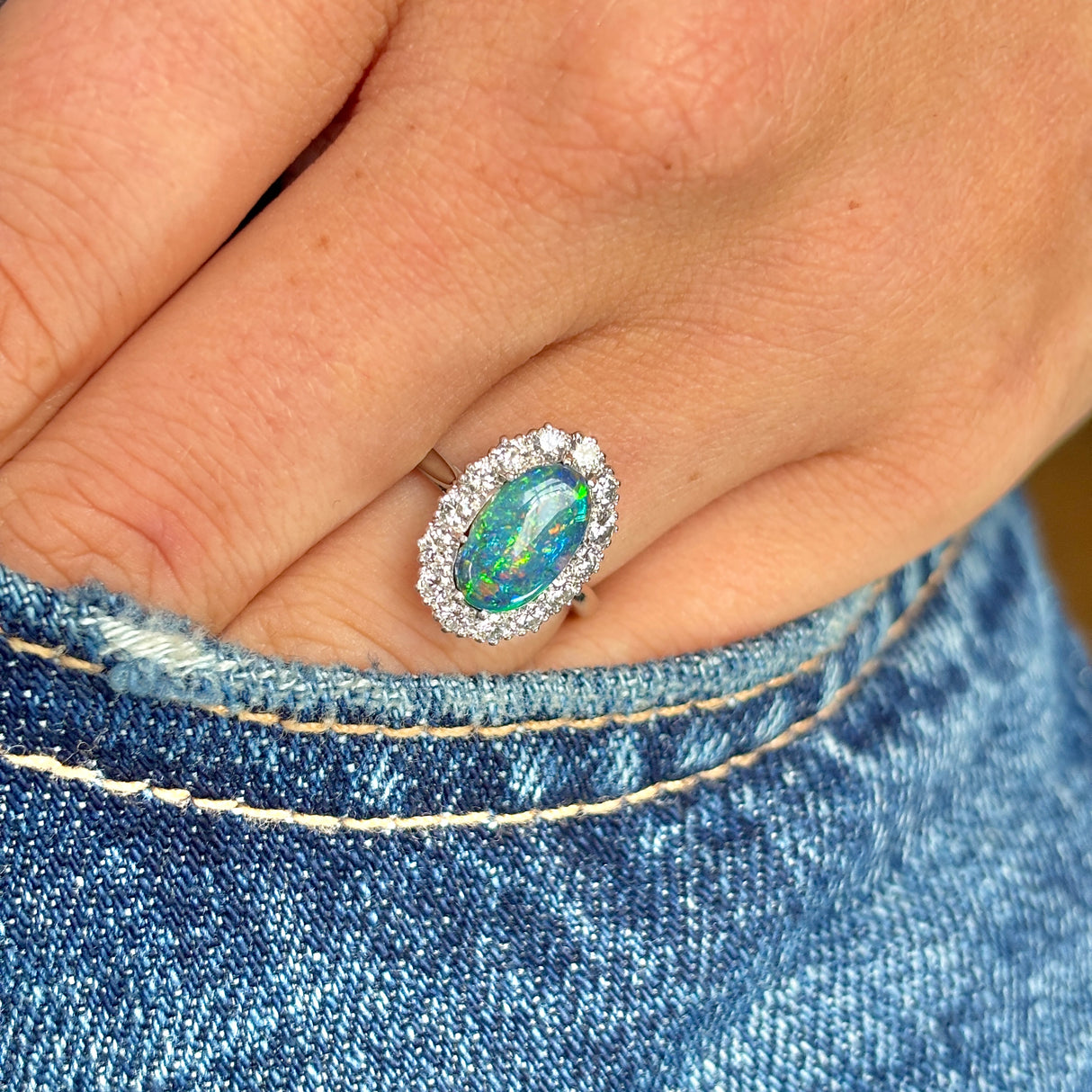 Vintage, 1940s black opal & diamond cluster ring