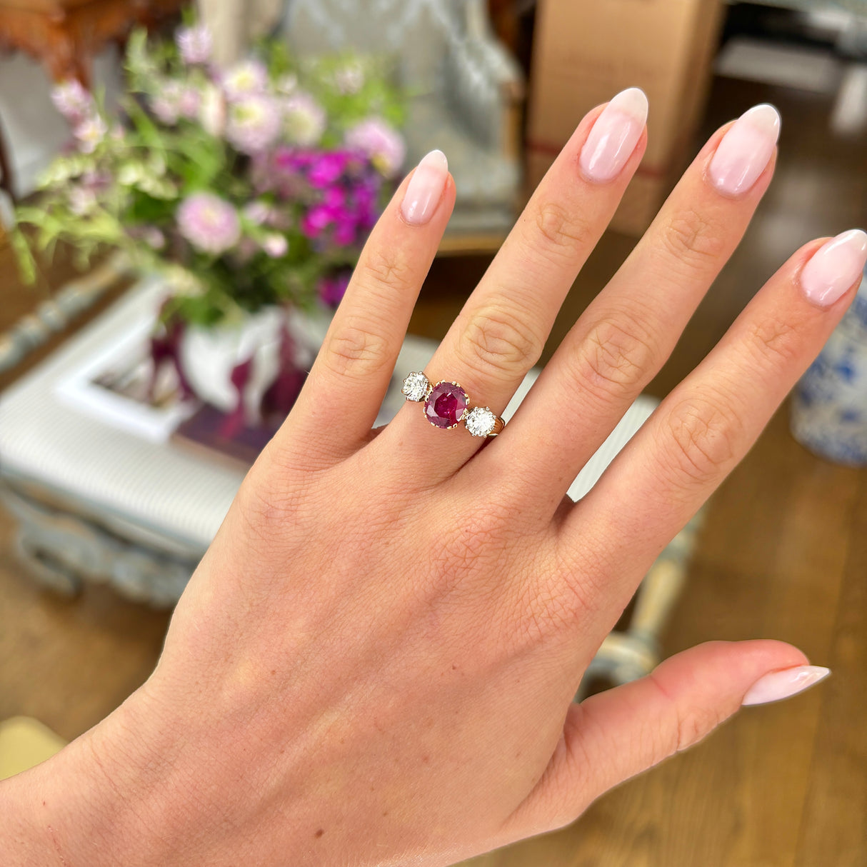 Vintage, 1950s ruby & diamond three-stone ring