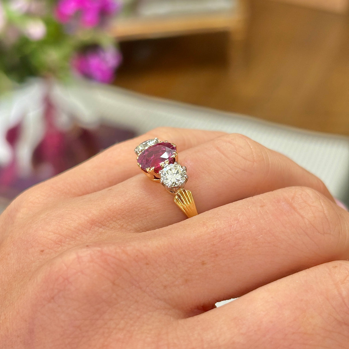 Vintage, 1950s ruby & diamond three-stone ring