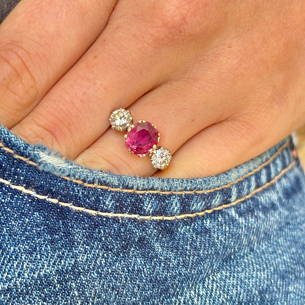 Vintage, 1950s ruby & diamond three-stone ring