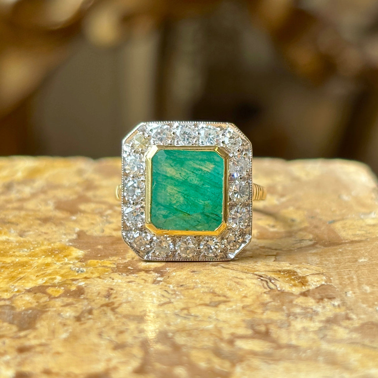 Vintage, 1980s emerald & diamond cluster panel ring