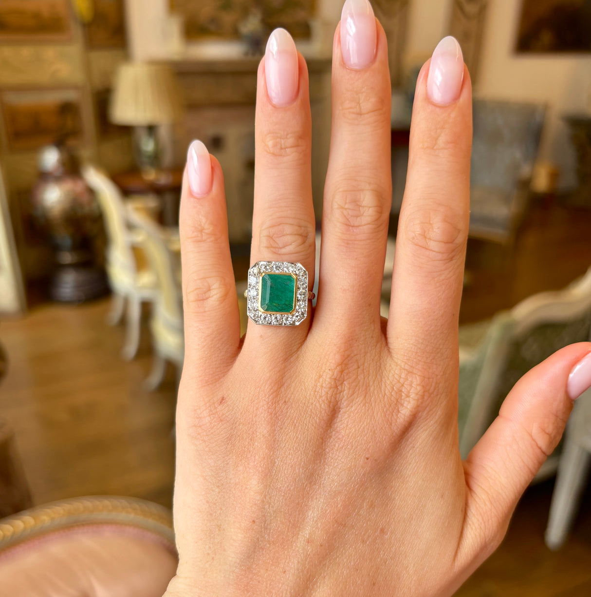 Vintage, 1980s emerald & diamond cluster panel ring