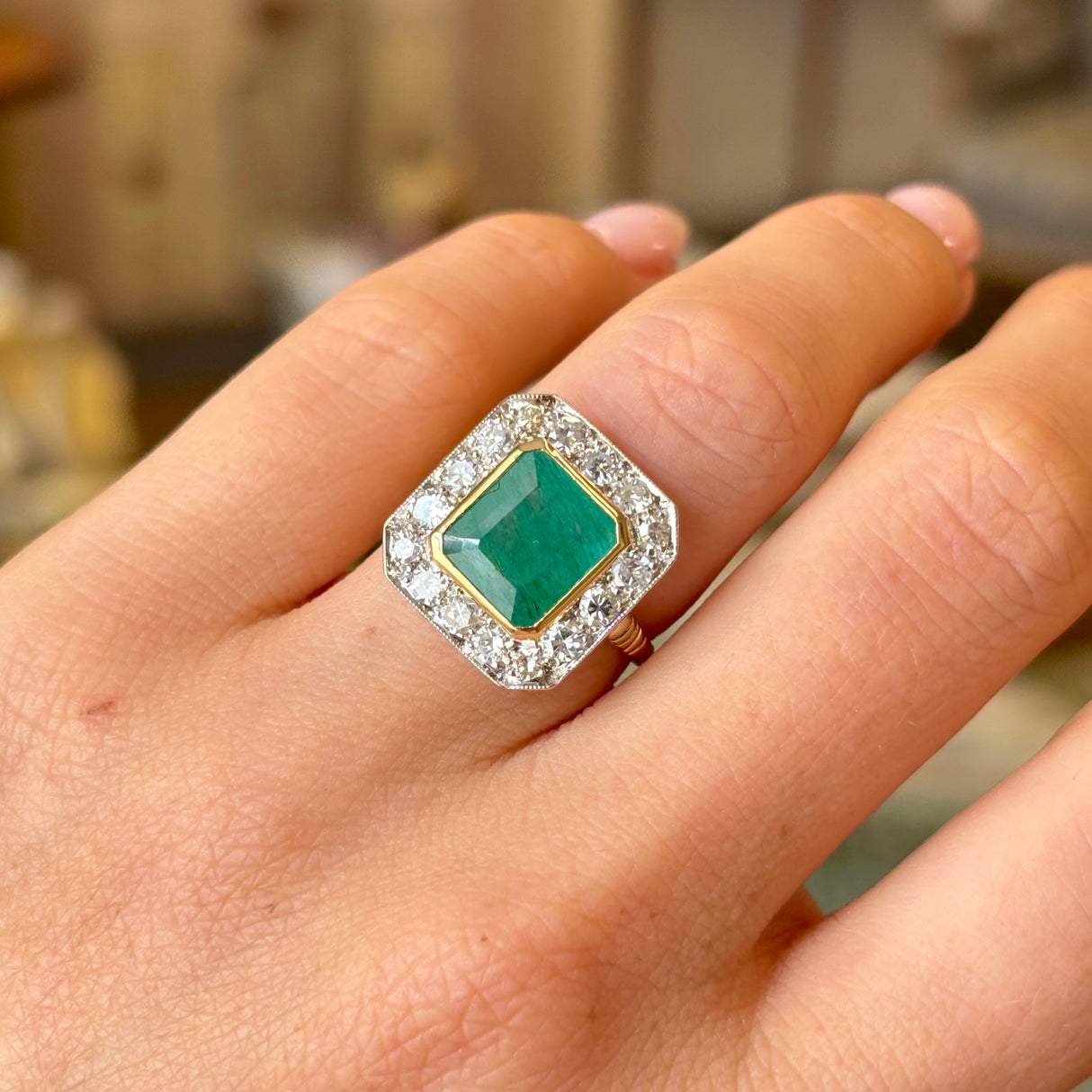 Vintage, 1980s emerald & diamond cluster panel ring