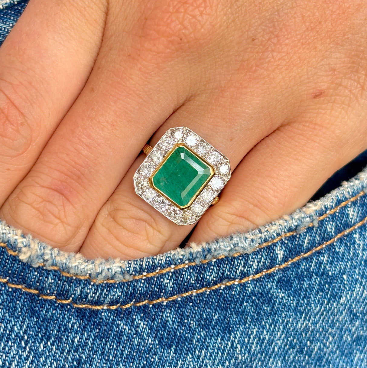 Vintage, 1980s emerald & diamond cluster panel ring