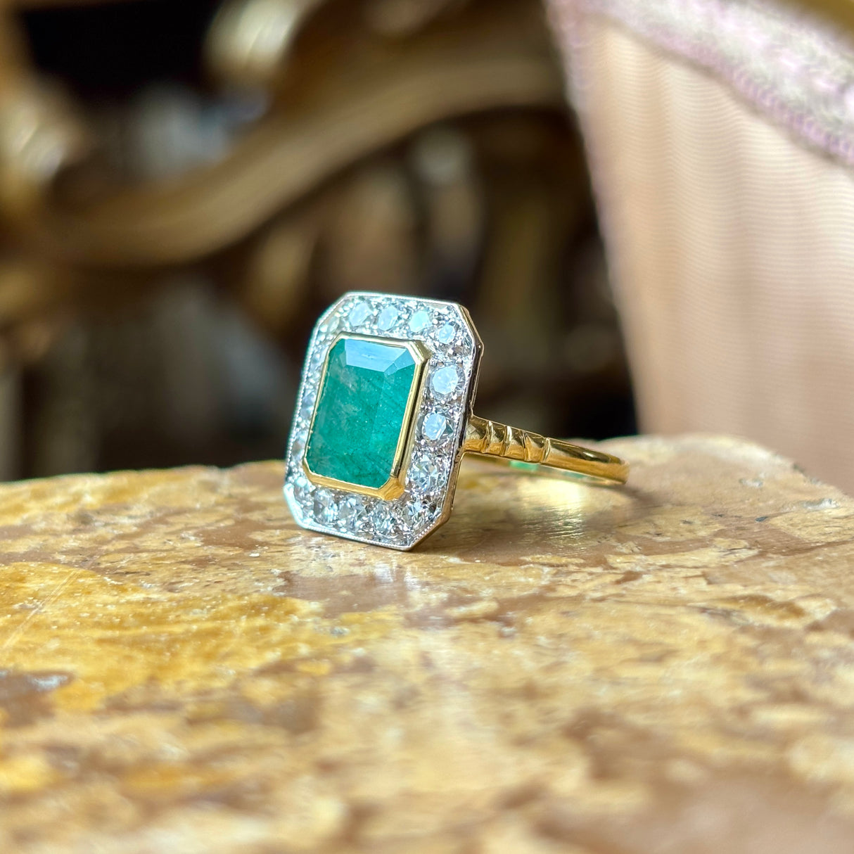 Vintage, 1980s emerald & diamond cluster panel ring