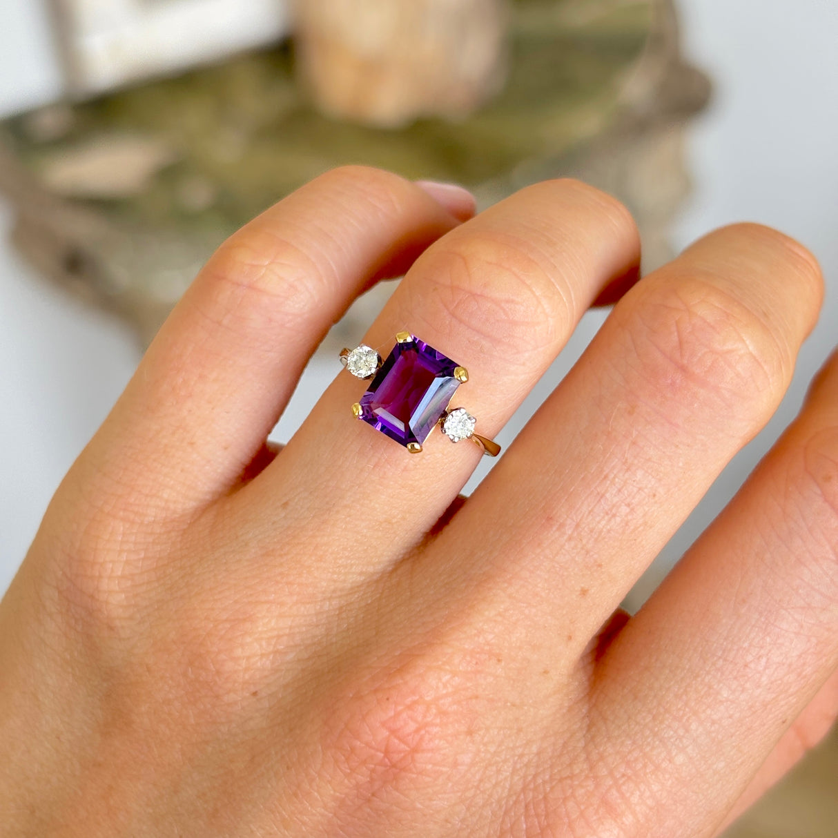 Vintage, 1950s amethyst & diamond three-stone ring