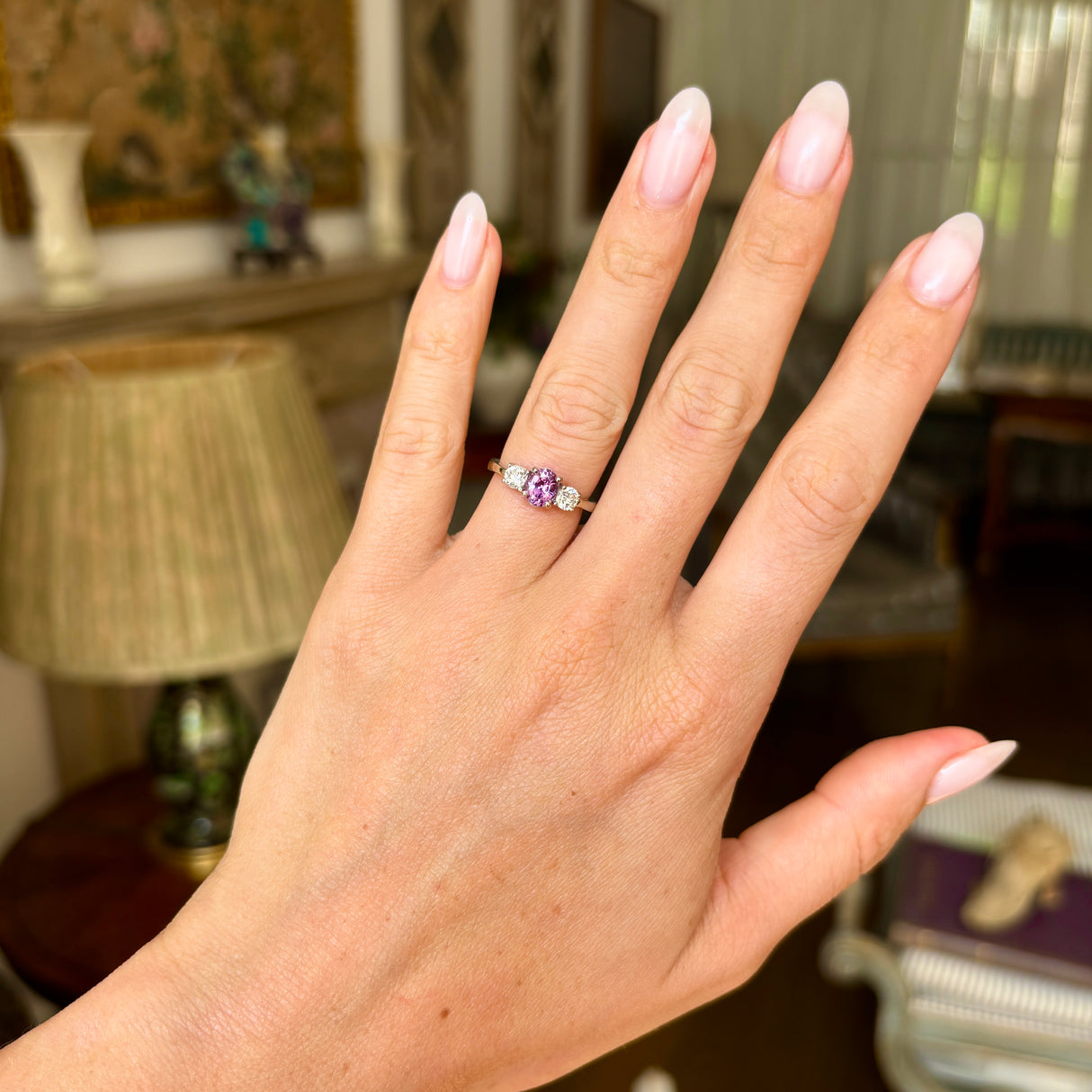 Vintage, 1980s lilac sapphire & diamond three-stone ring