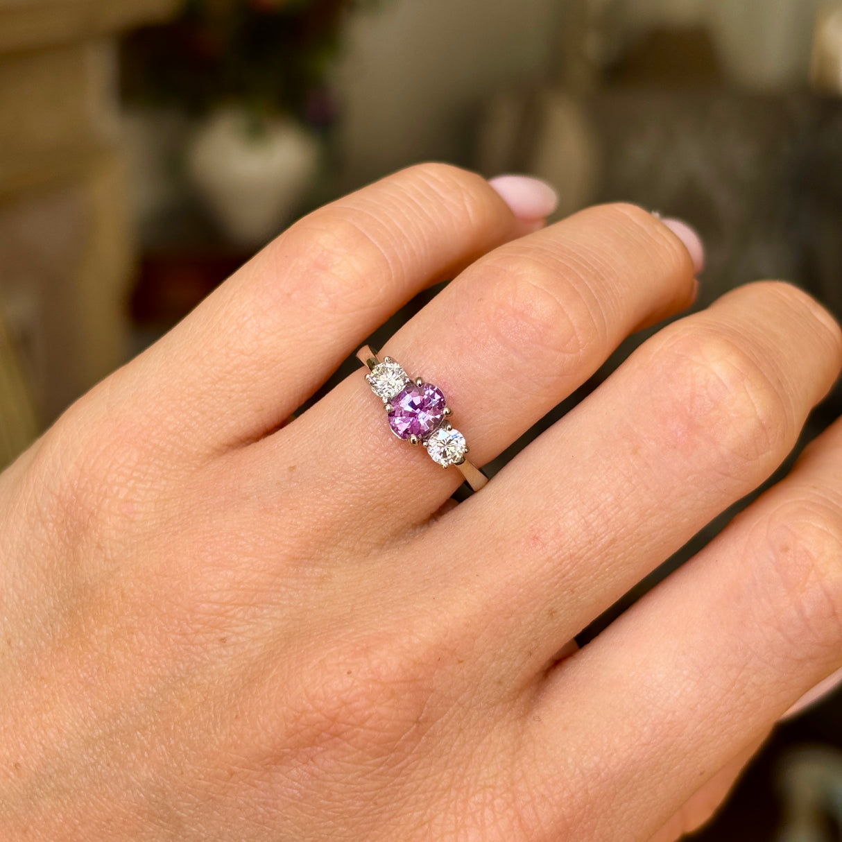 Vintage, 1980s lilac sapphire & diamond three-stone ring