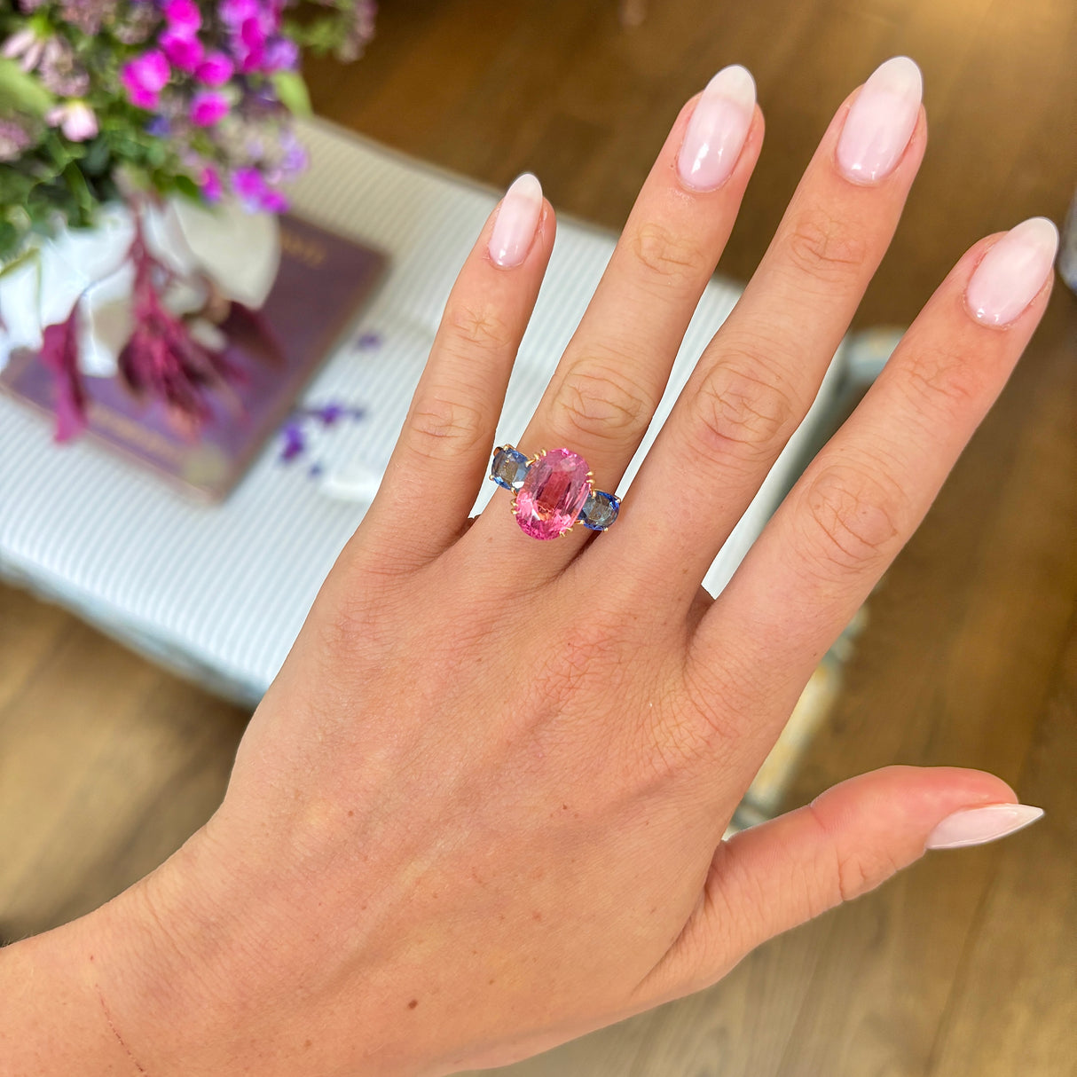 Vintage, 1980s pink tourmaline & sapphire three-stone ring