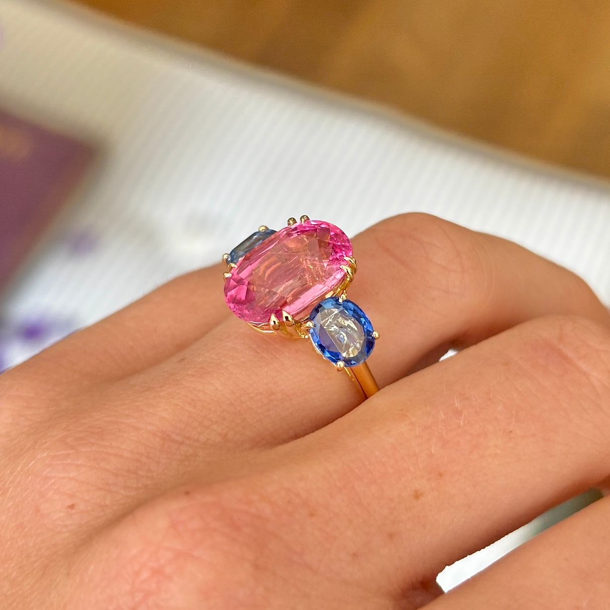 Vintage, 1980s pink tourmaline & sapphire three-stone ring