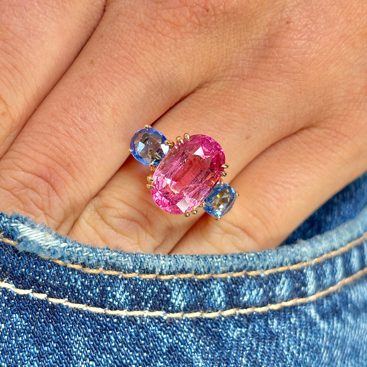 Vintage, 1980s pink tourmaline & sapphire three-stone ring