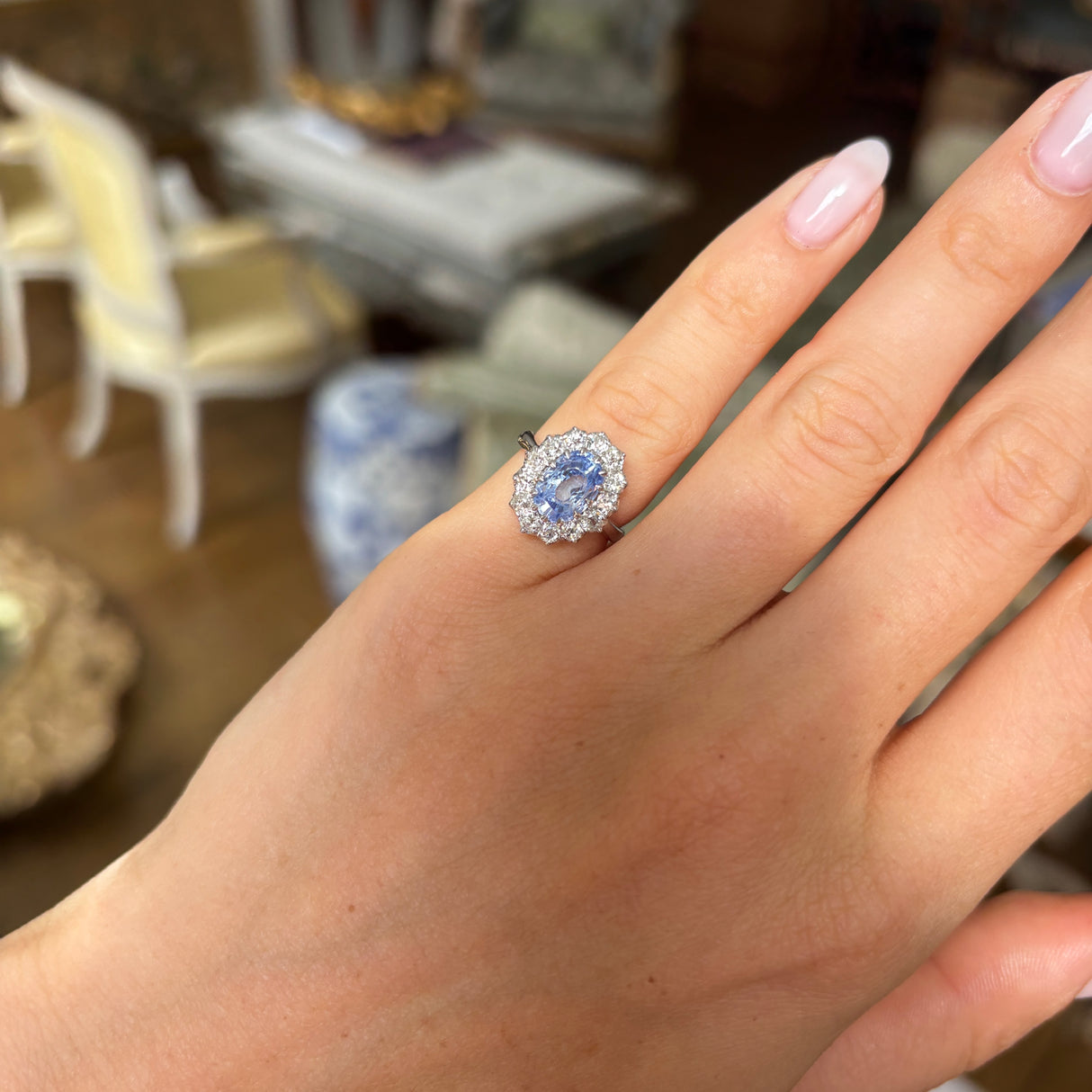 Vintage, sapphire & diamond cluster engagement ring
