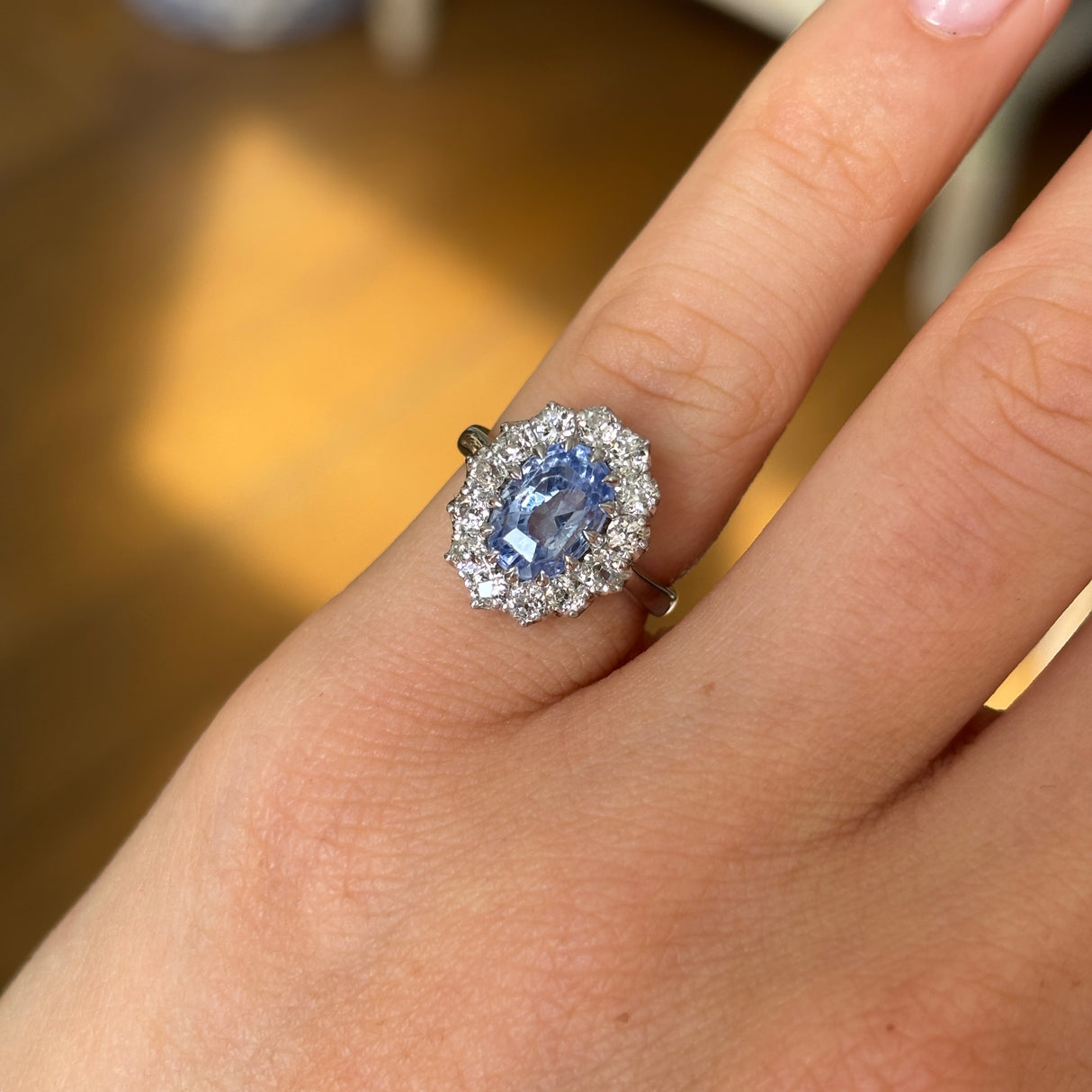 Vintage, sapphire & diamond cluster engagement ring