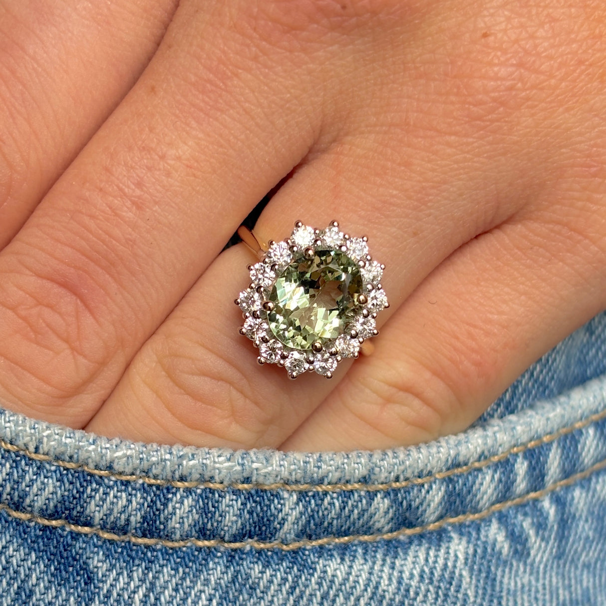 Vintage, 1970s green beryl & diamond cluster ring
