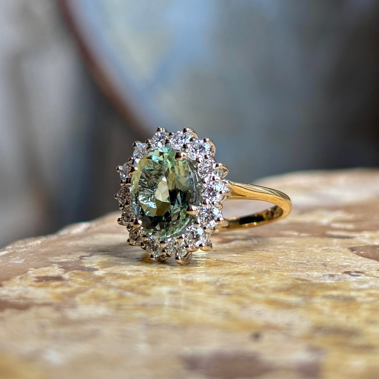 Vintage, 1970s green beryl & diamond cluster ring