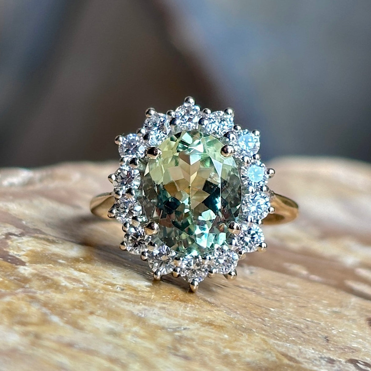 Vintage, 1970s green beryl & diamond cluster ring
