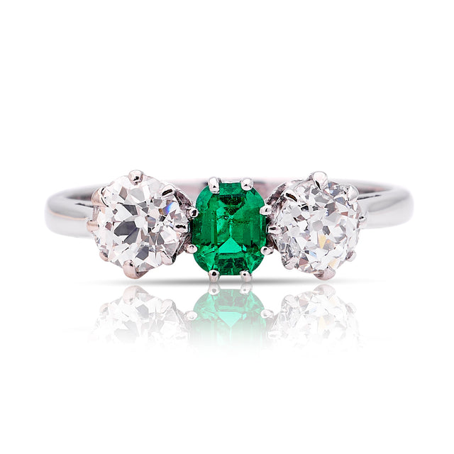 Vintage, Art Deco emerald & diamond three-stone ring