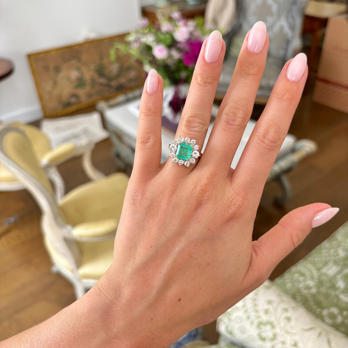 Vintage, 1970s emerald & diamond cluster ring