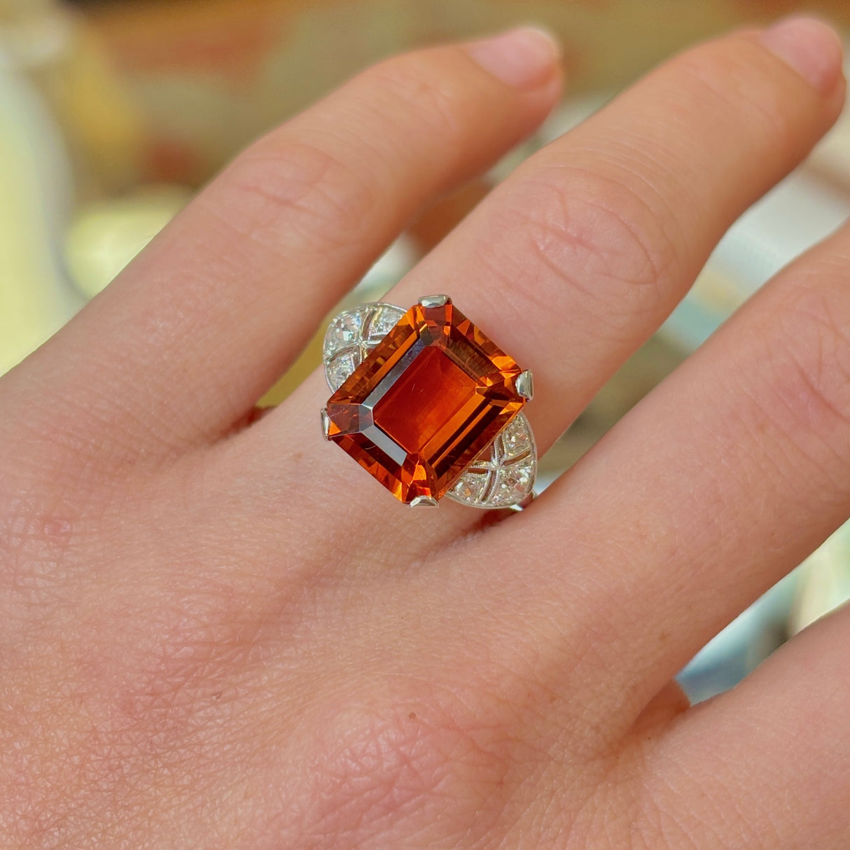 Vintage, Art Deco citrine & diamond cocktail ring
