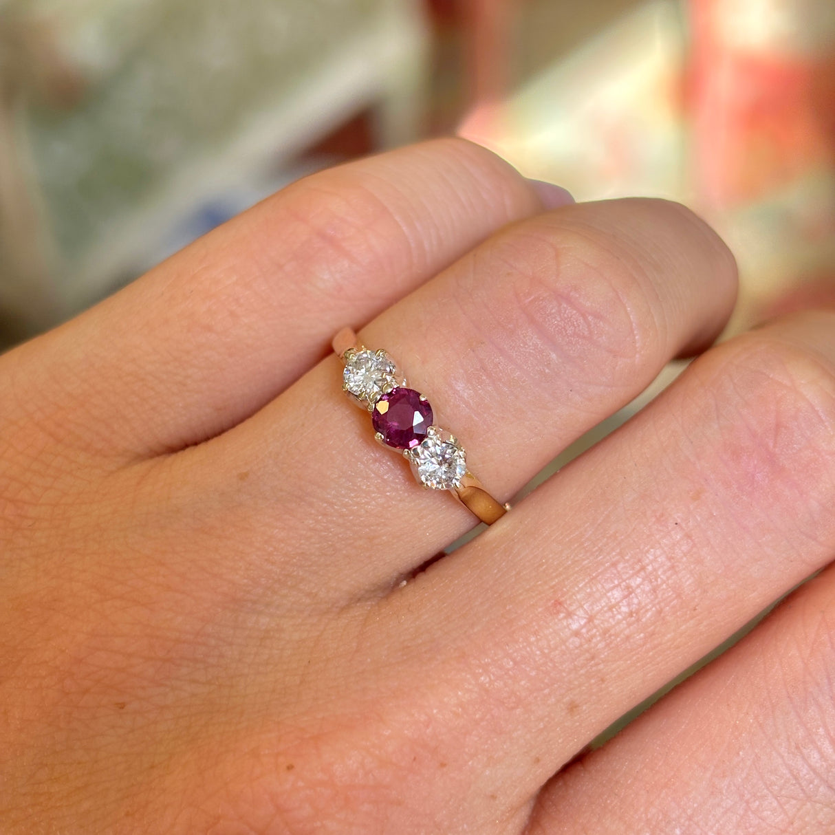 Vintage, 1980s ruby & diamond three-stone ring