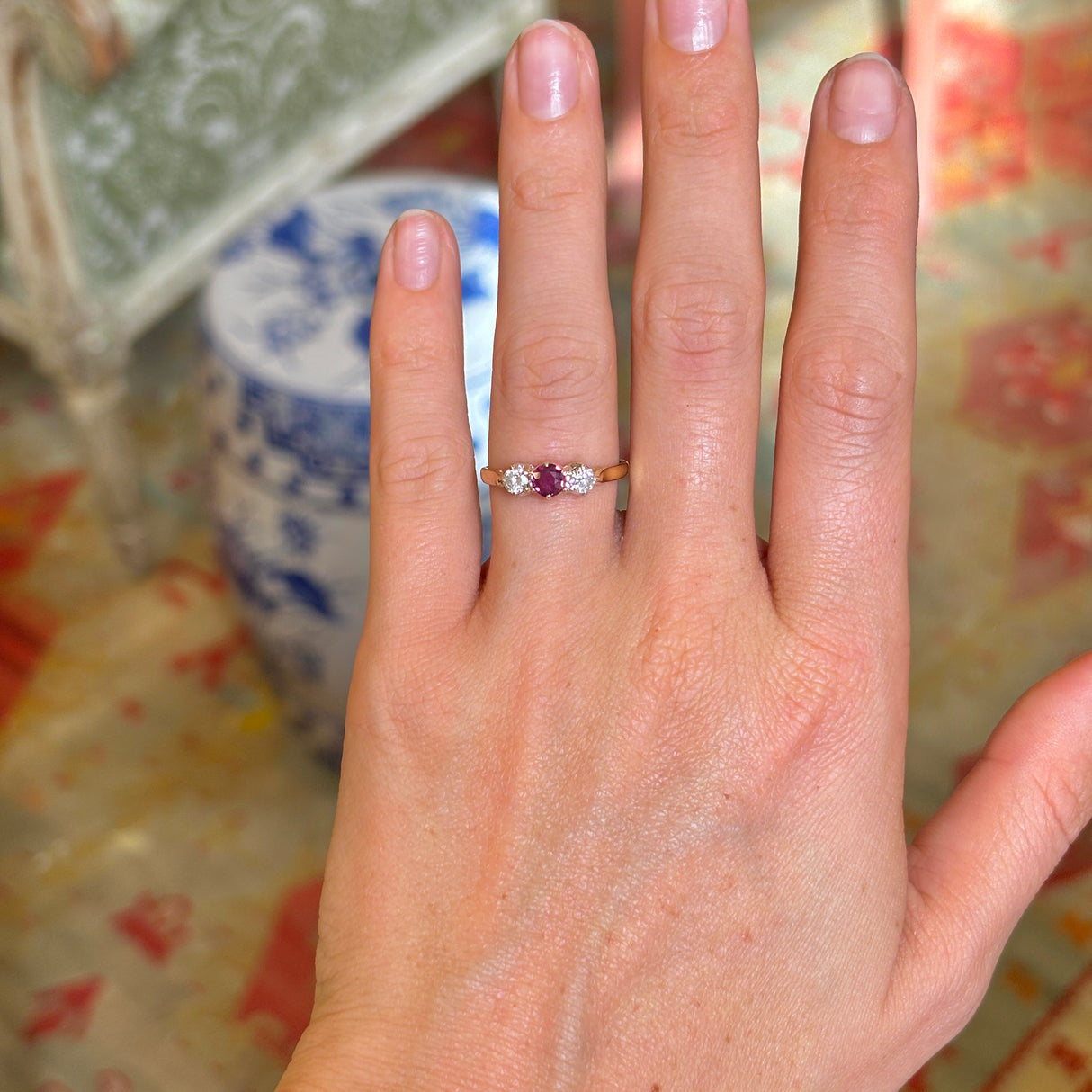 Vintage, 1980s ruby & diamond three-stone ring