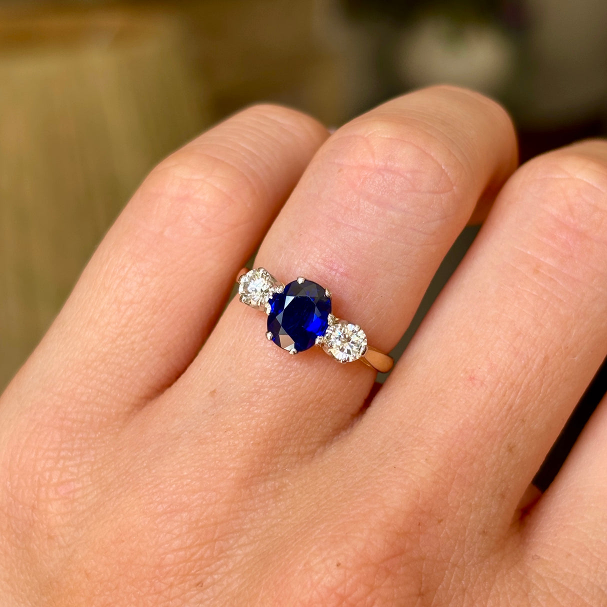 Antique, Edwardian three-stone sapphire & diamond ring