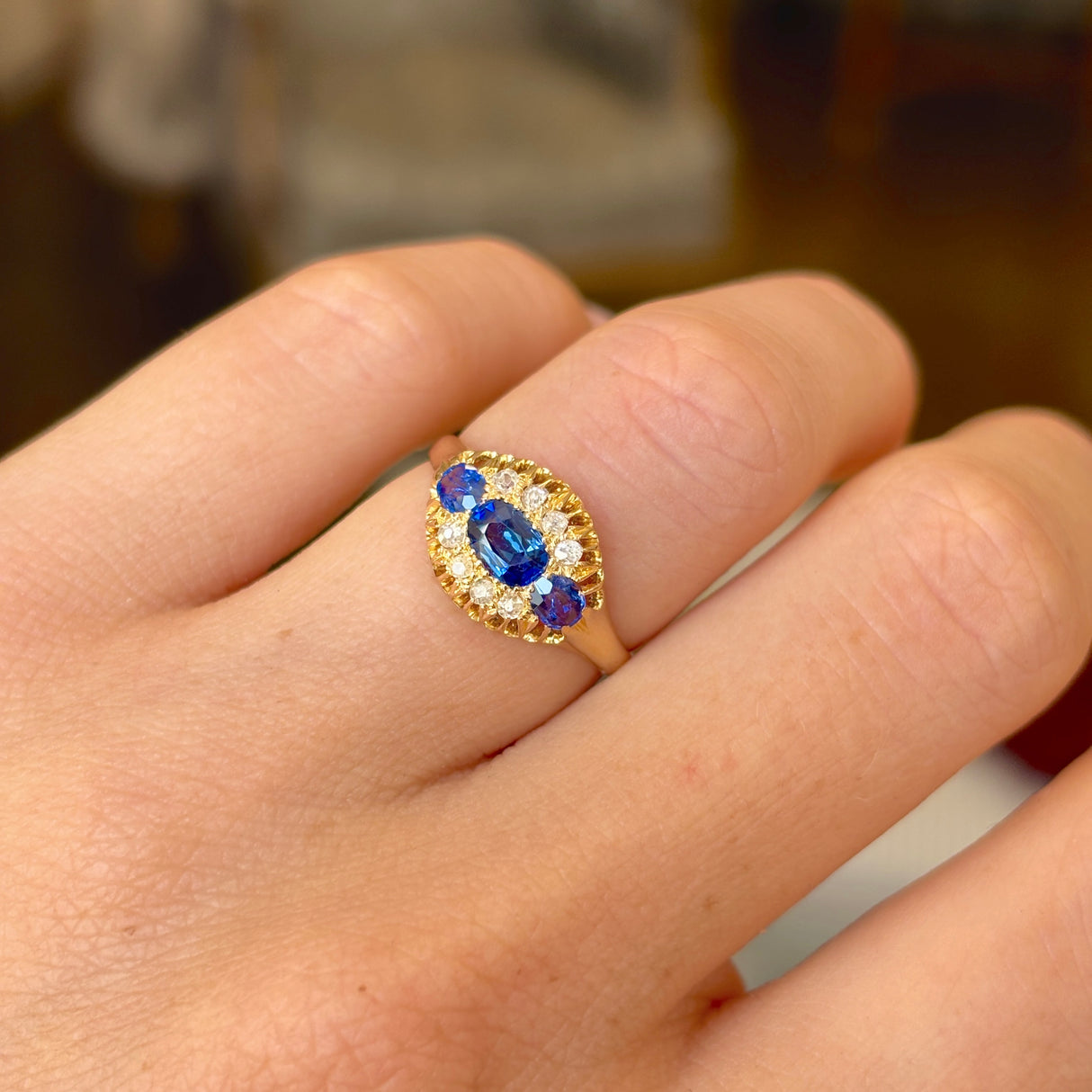 Antique, Edwardian three-stone sapphire cluster ring