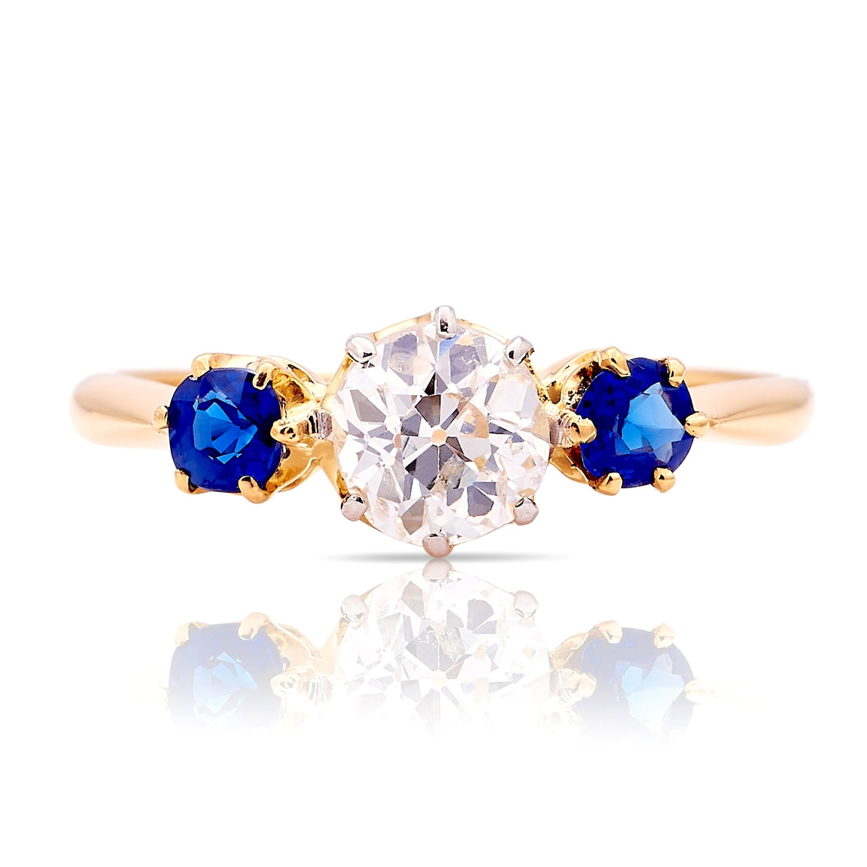 Antique, Edwardian old-cut diamond & sapphire three-stone ring
