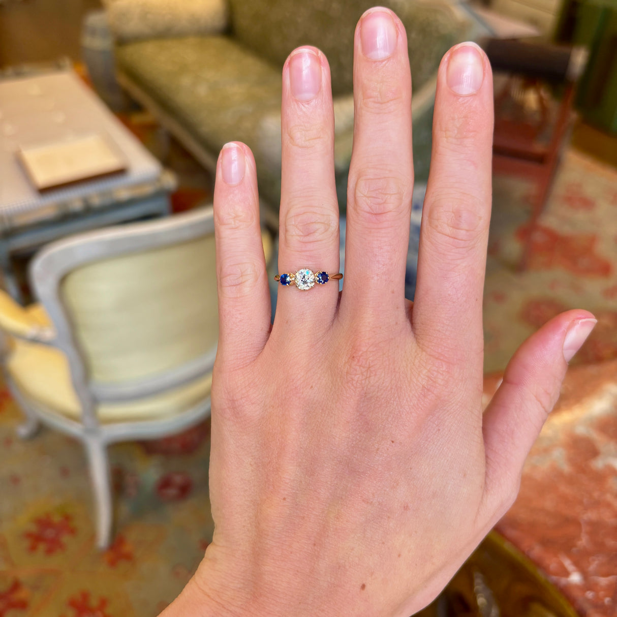 Antique, Edwardian old-cut diamond & sapphire three-stone ring