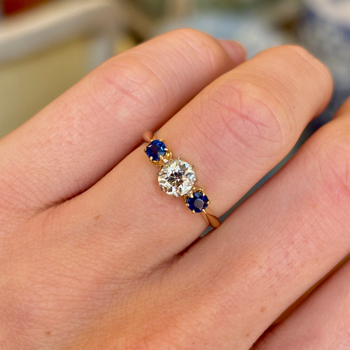 Antique, Edwardian old-cut diamond & sapphire three-stone ring