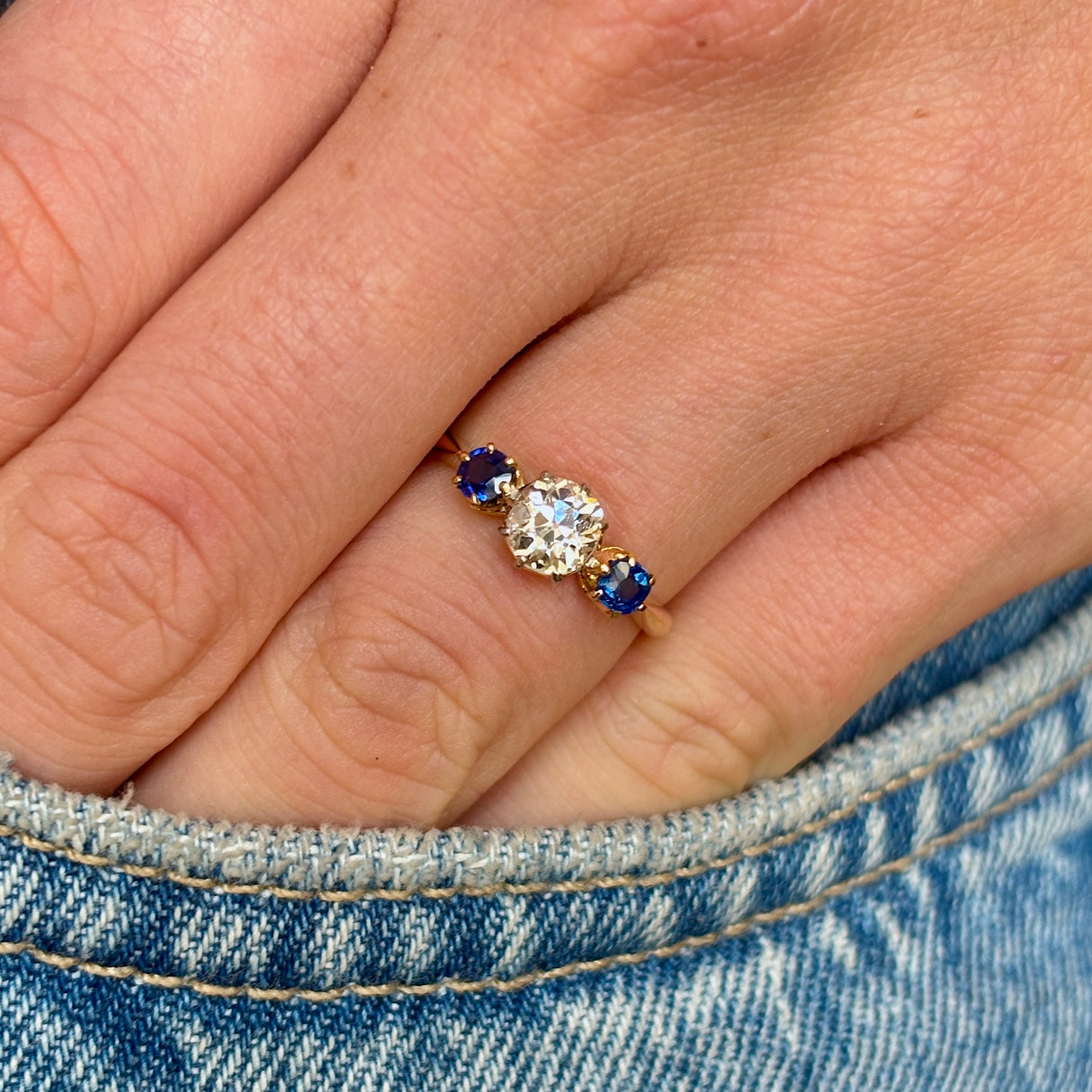 Antique, Edwardian old-cut diamond & sapphire three-stone ring