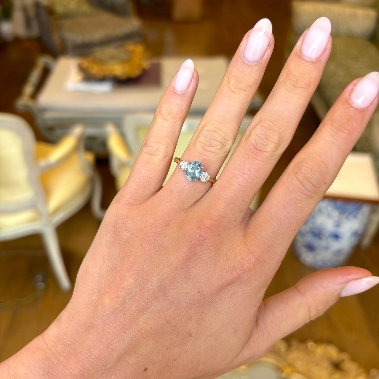 Vintage, 1980s aquamarine & diamond three-stone ring