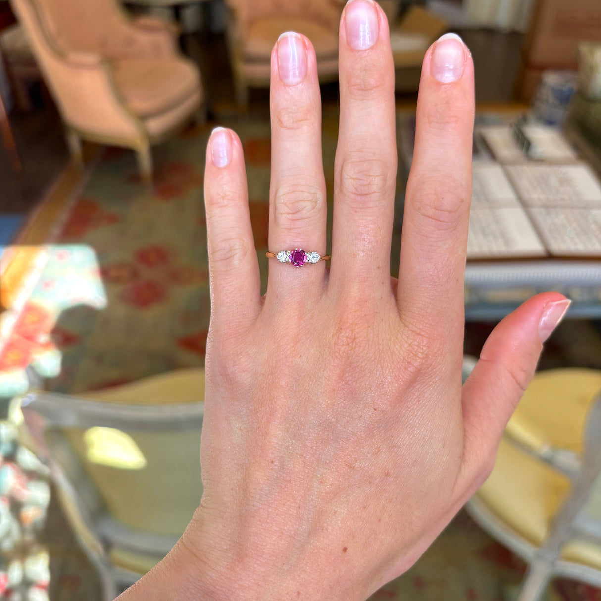 Antique, Edwardian ruby & diamond three-stone ring