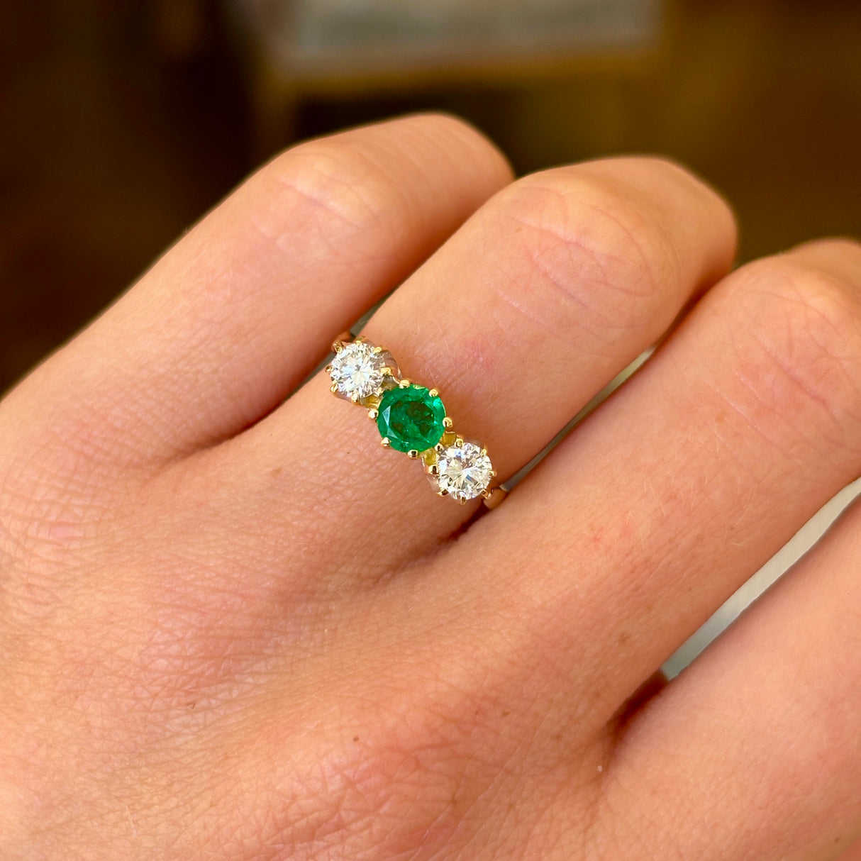 Vintage, 1990s emerald & diamond three-stone ring