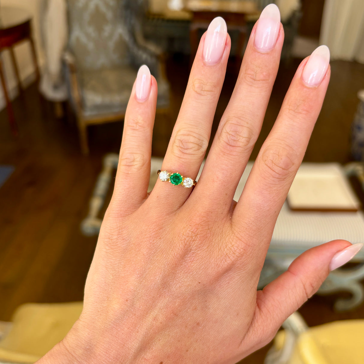 Vintage, 1990s emerald & diamond three-stone ring