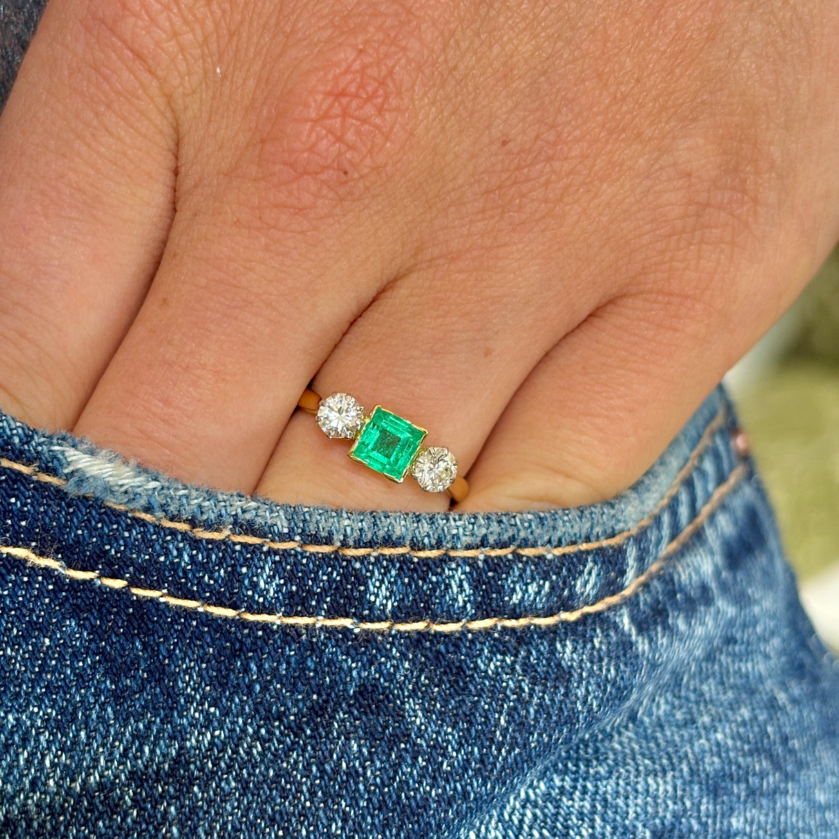 Vintage, Art Deco emerald & diamond three-stone ring