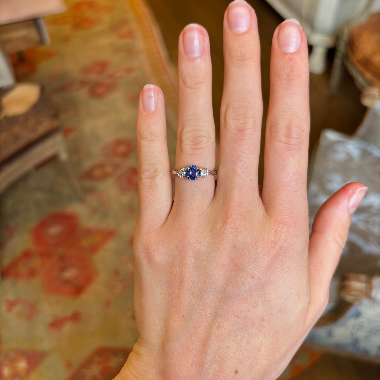 Vintage, 1920s teal sapphire & diamond three-stone ring