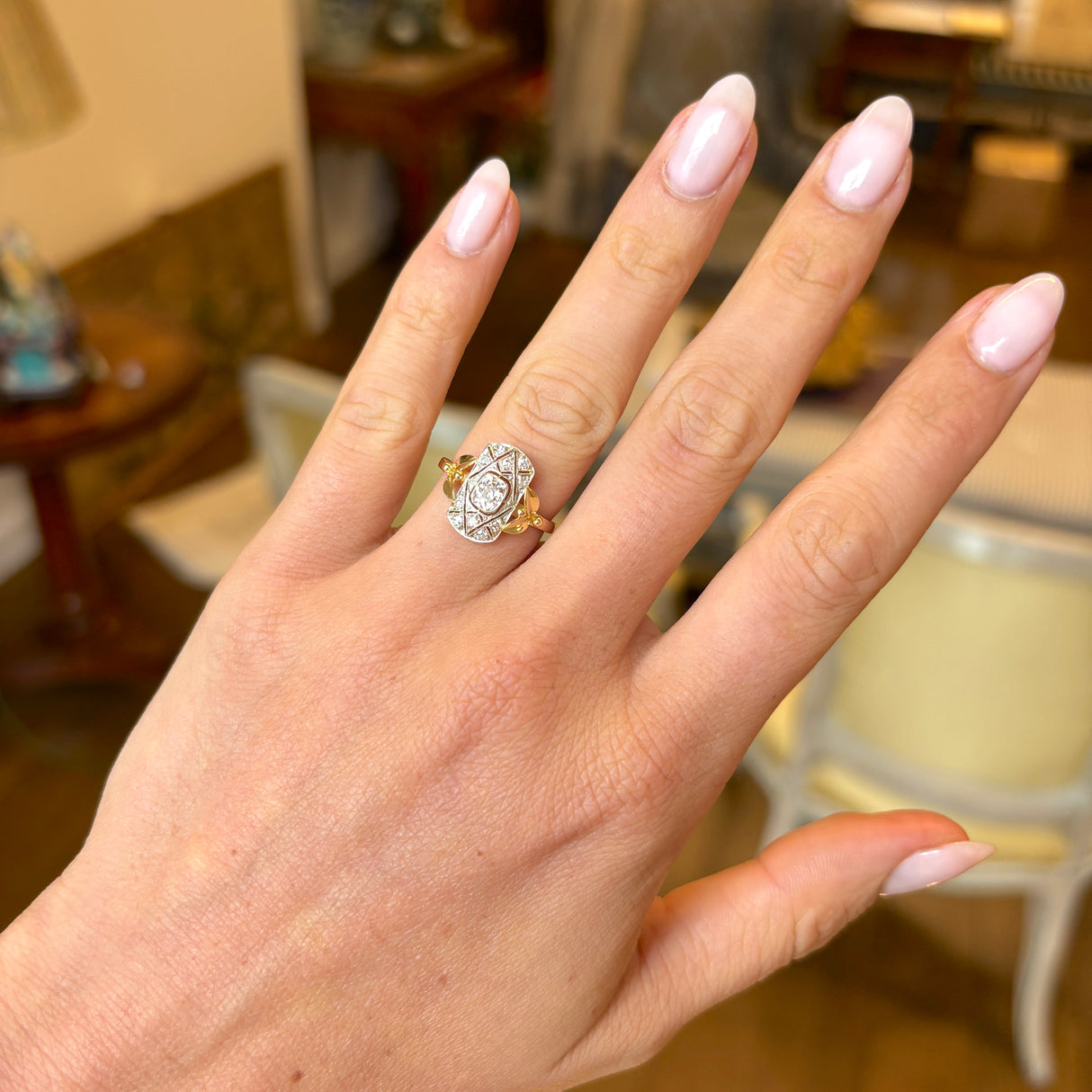 Vintage, 1980s old mine-cut diamond panel ring