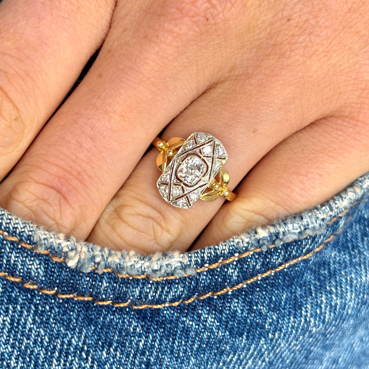 Vintage, 1980s old mine-cut diamond panel ring