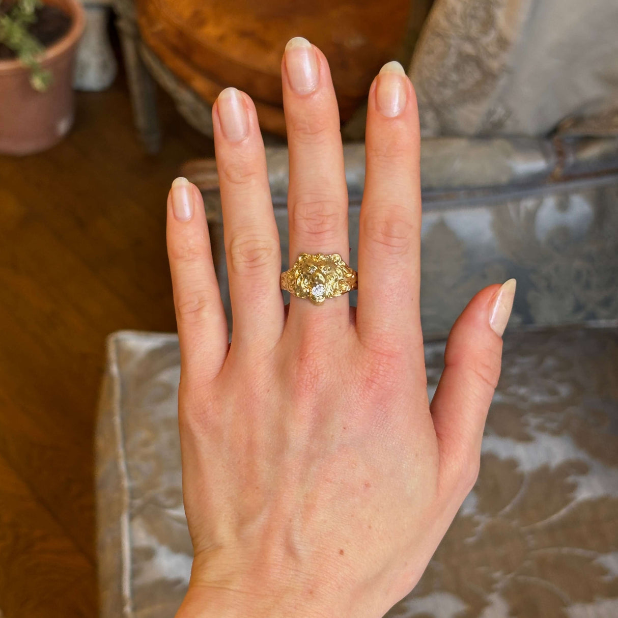 Vintage 1950s old-cut diamond lion’s head ring with diamond-set eyes