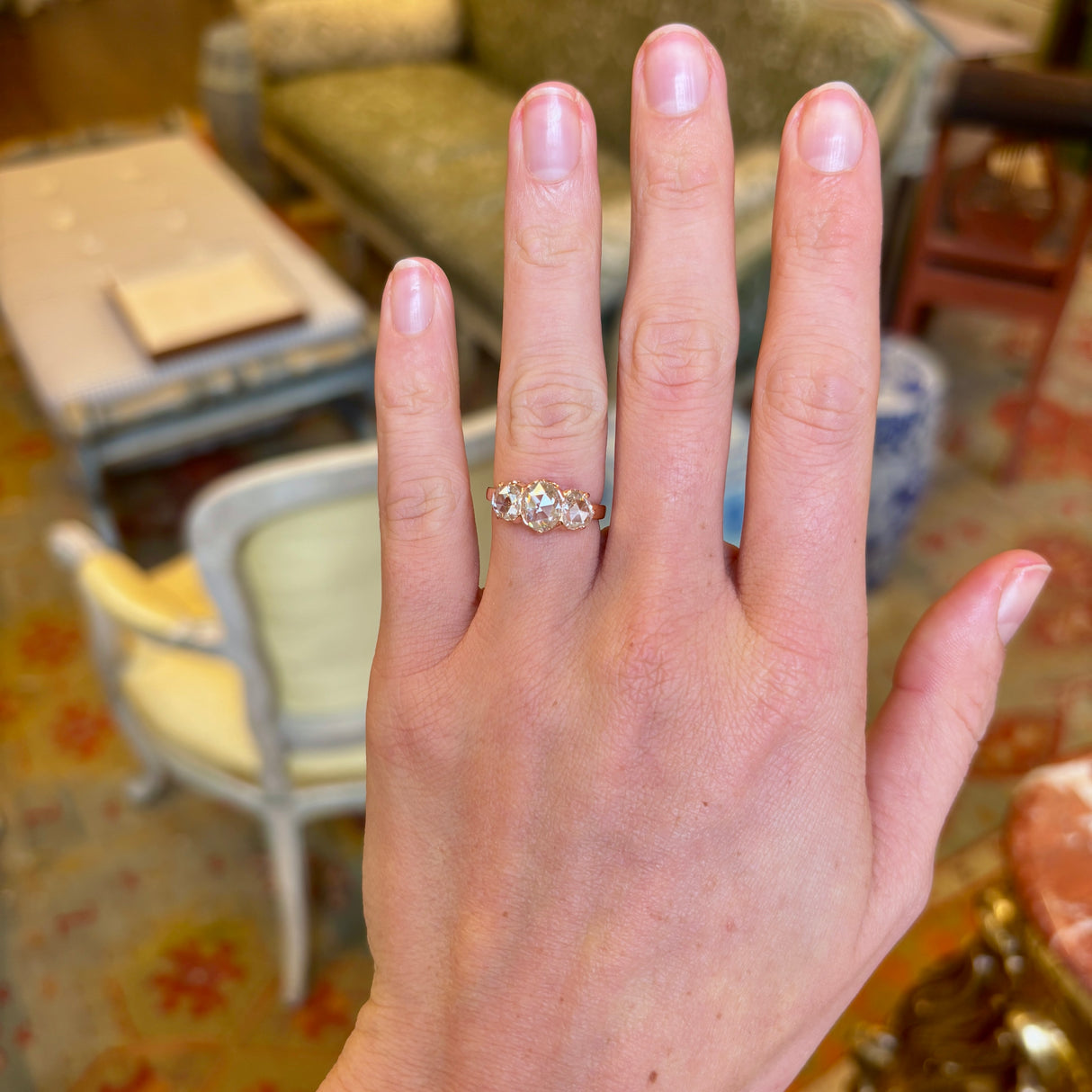 Antique, 1900s rose-cut diamond three-stone ring