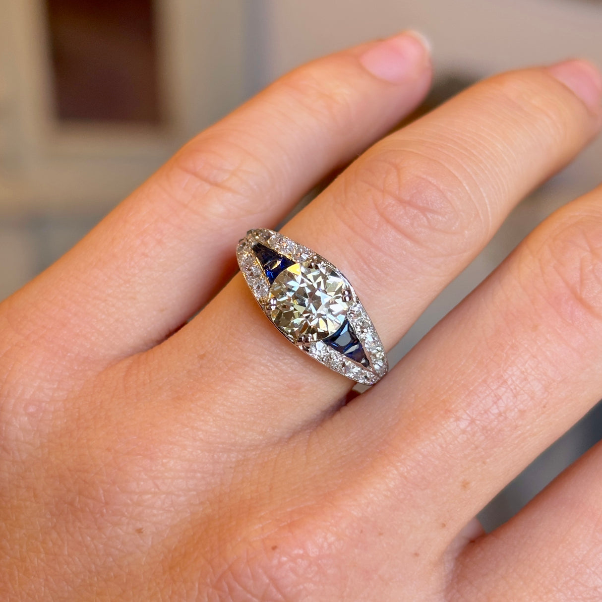 Vintage, Art Deco 2.44ct tinted old-cut diamond & sapphire ring