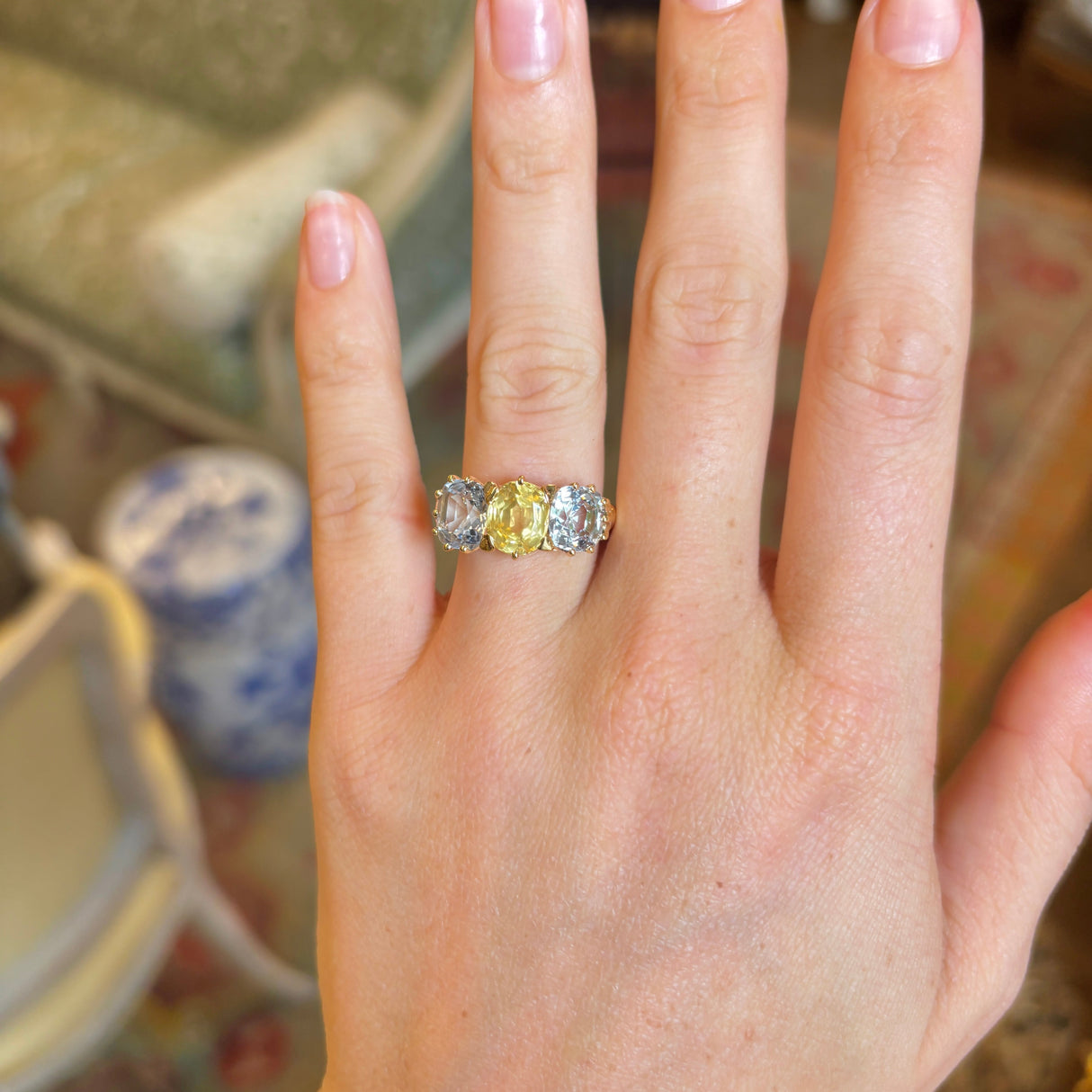 Antique, Victorian yellow & white sapphire three-stone ring