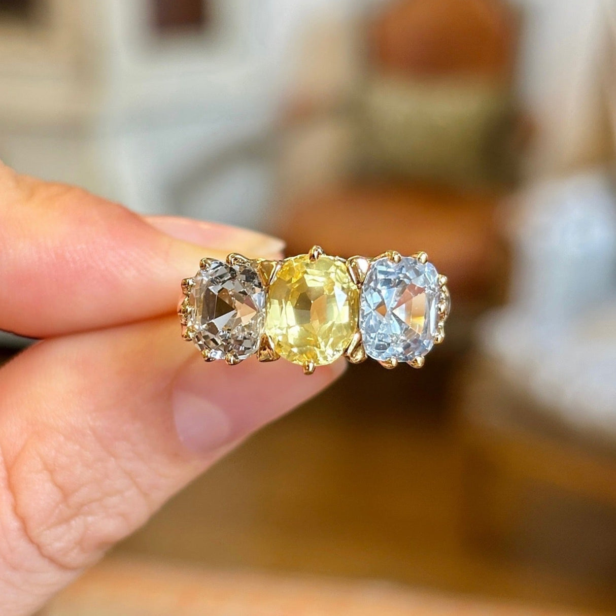 Antique, Victorian yellow & white sapphire three-stone ring