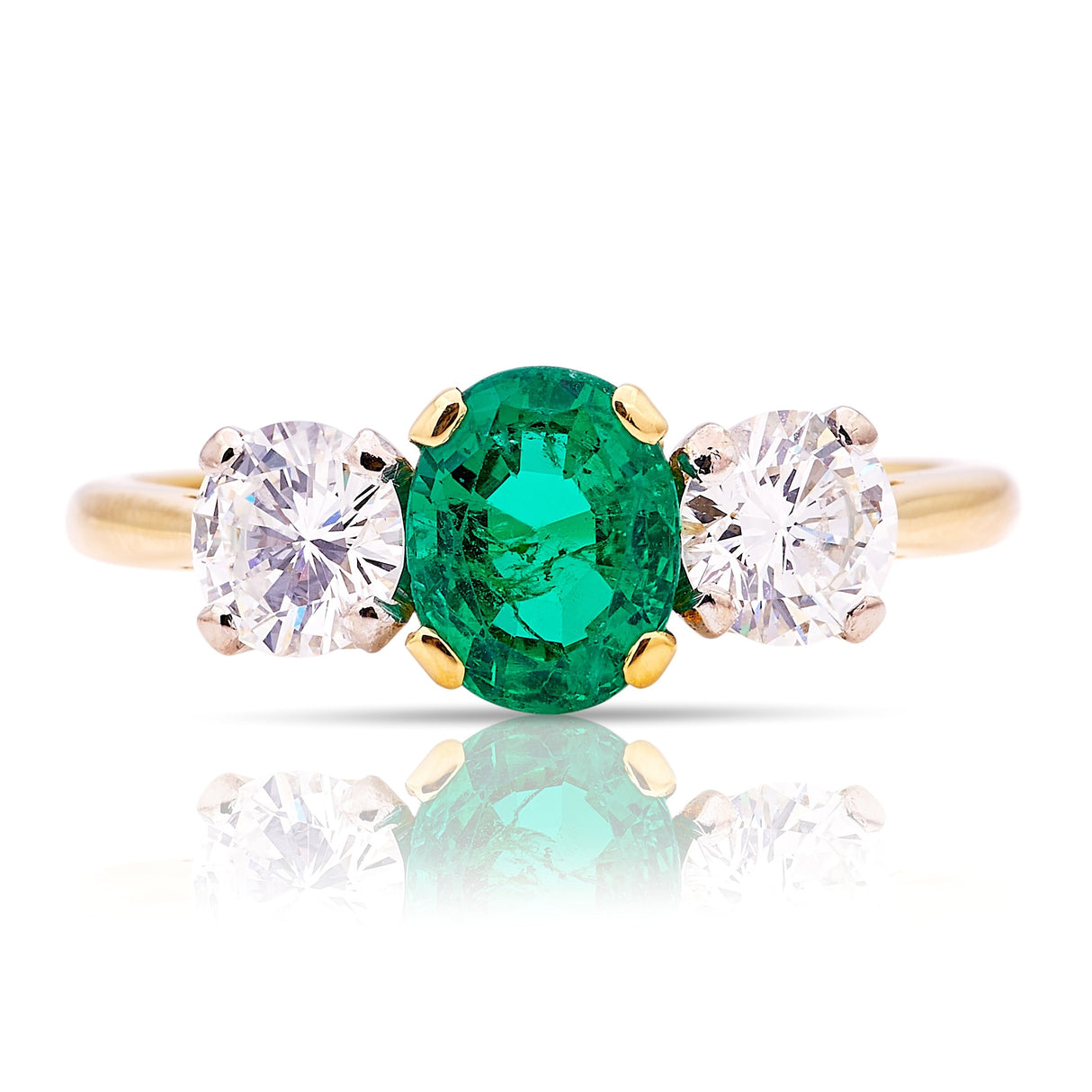 Vintage, 1970s emerald & diamond three-stone engagement ring