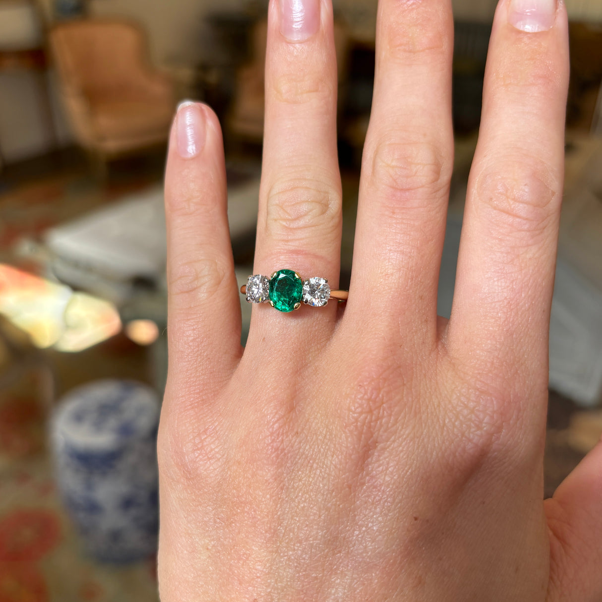 Vintage, 1970s emerald & diamond three-stone ring