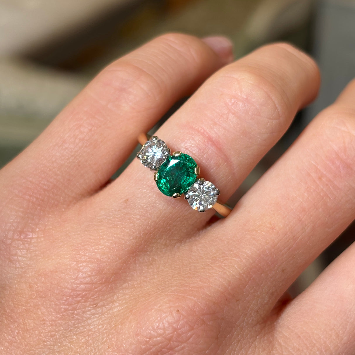 Vintage, 1970s emerald & diamond three-stone ring