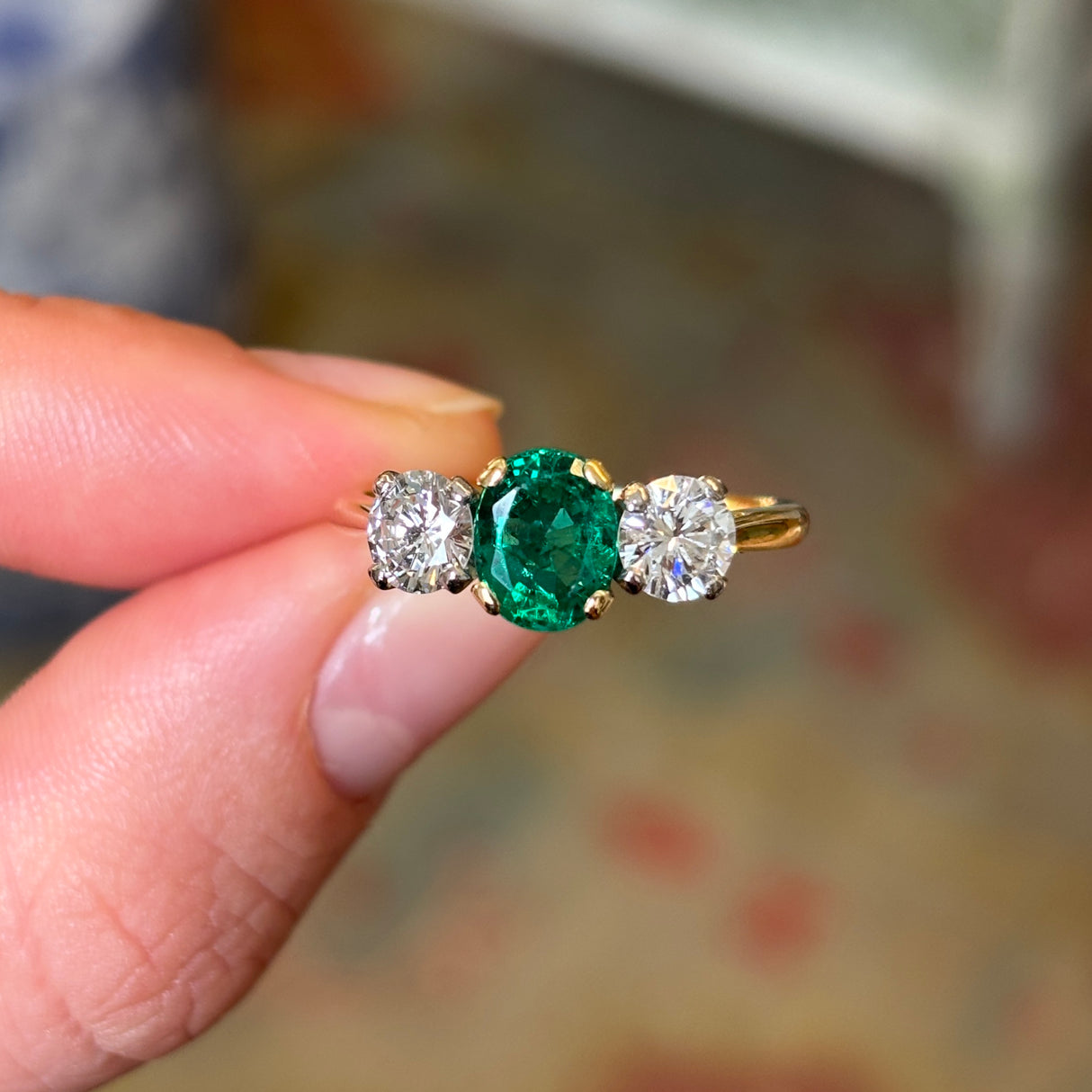 Vintage, 1970s emerald & diamond three-stone ring