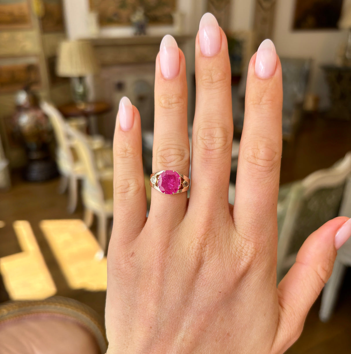 Antique, Victorian pink sapphire & diamond three-stone ring