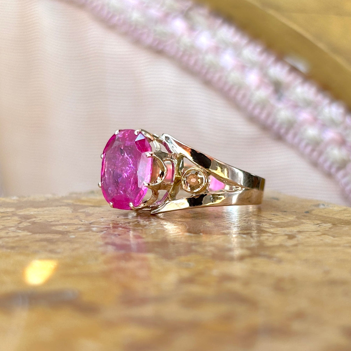 Antique, Victorian pink sapphire & diamond three-stone ring